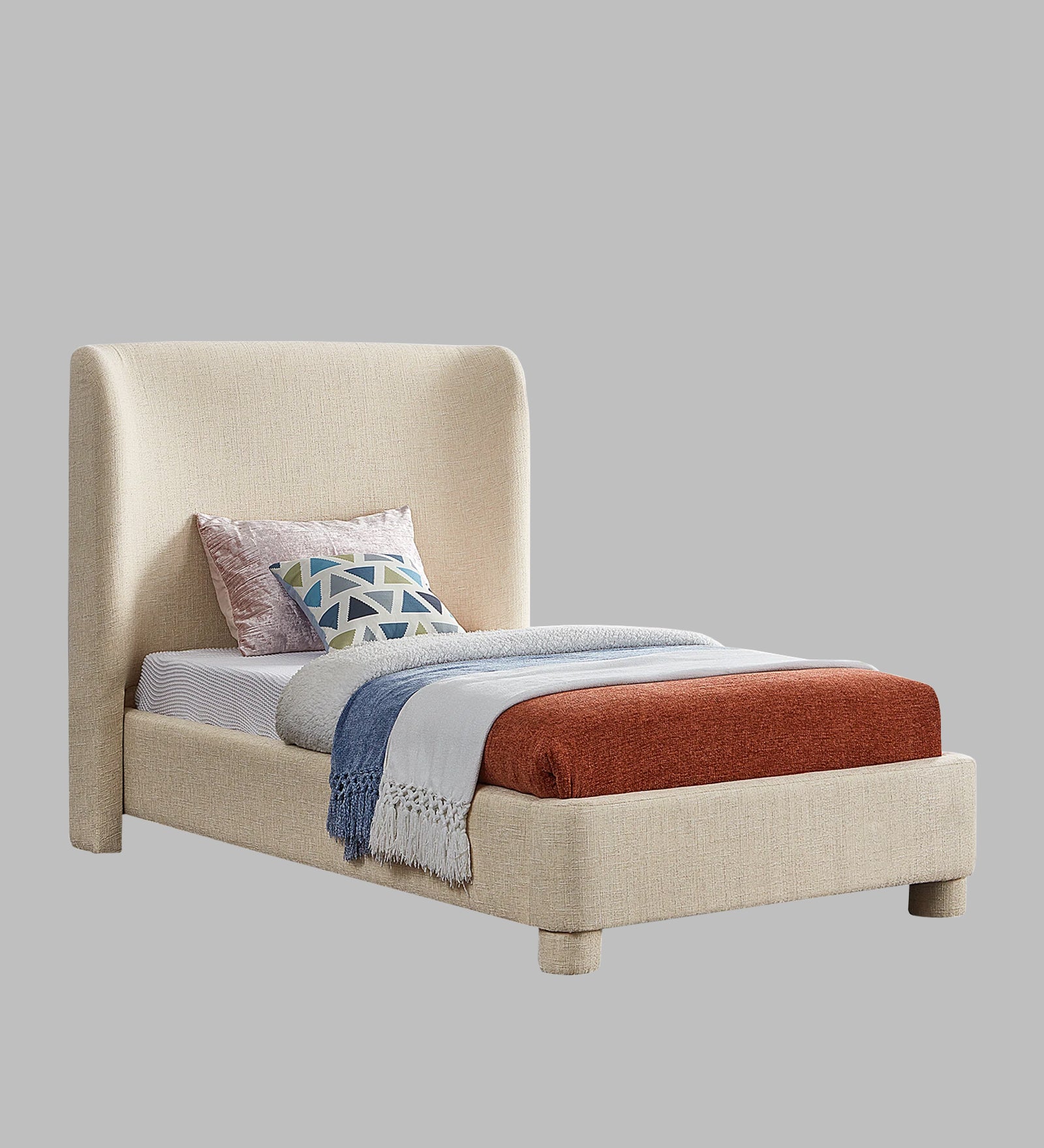 Lenny Fabric Upholstered Single Bed in Ivory Cream Colour - Febonic Living