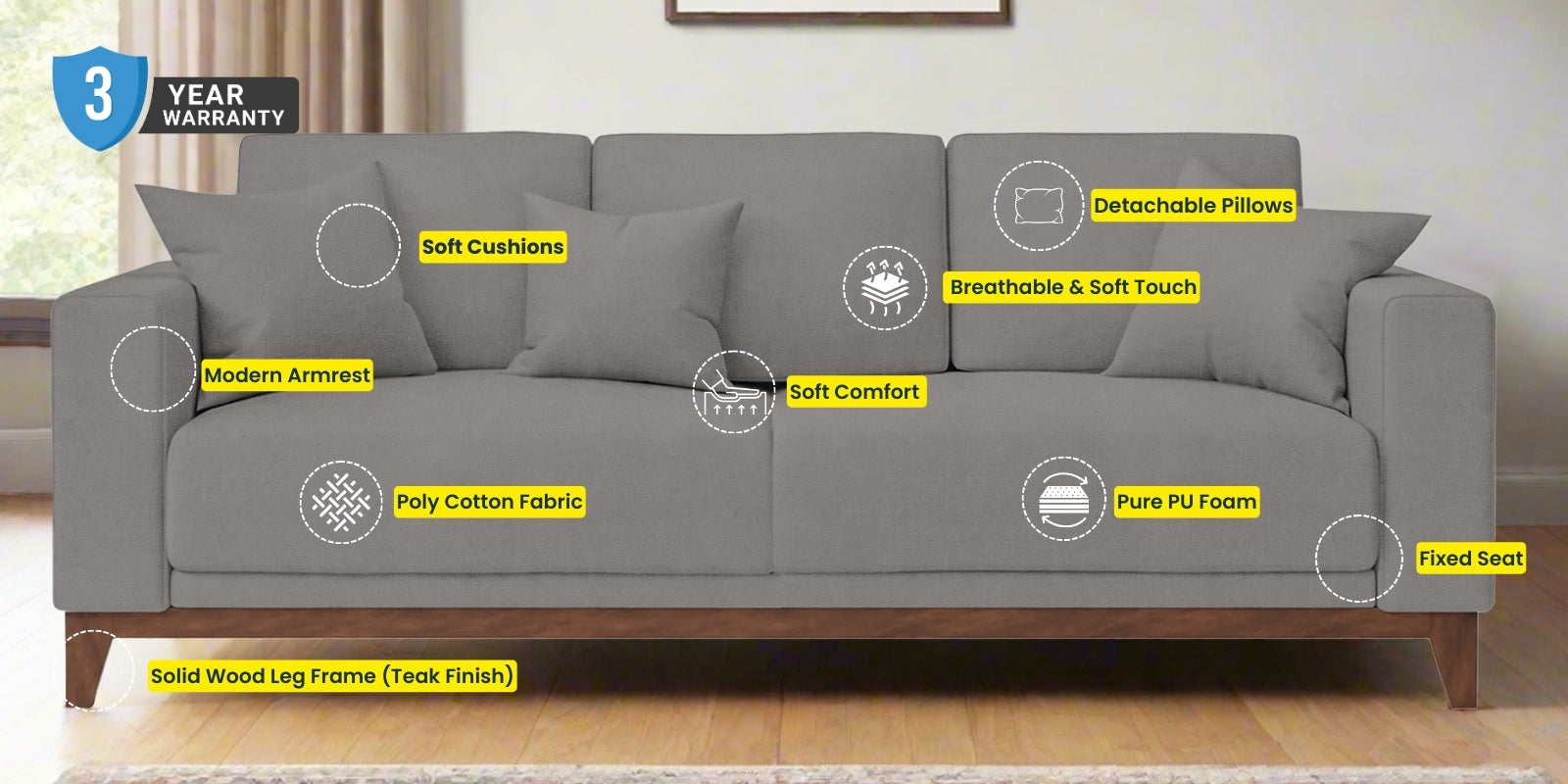 Luca Fabric 3 Seater Sofa In Cool Blue Colour - Febonic Living