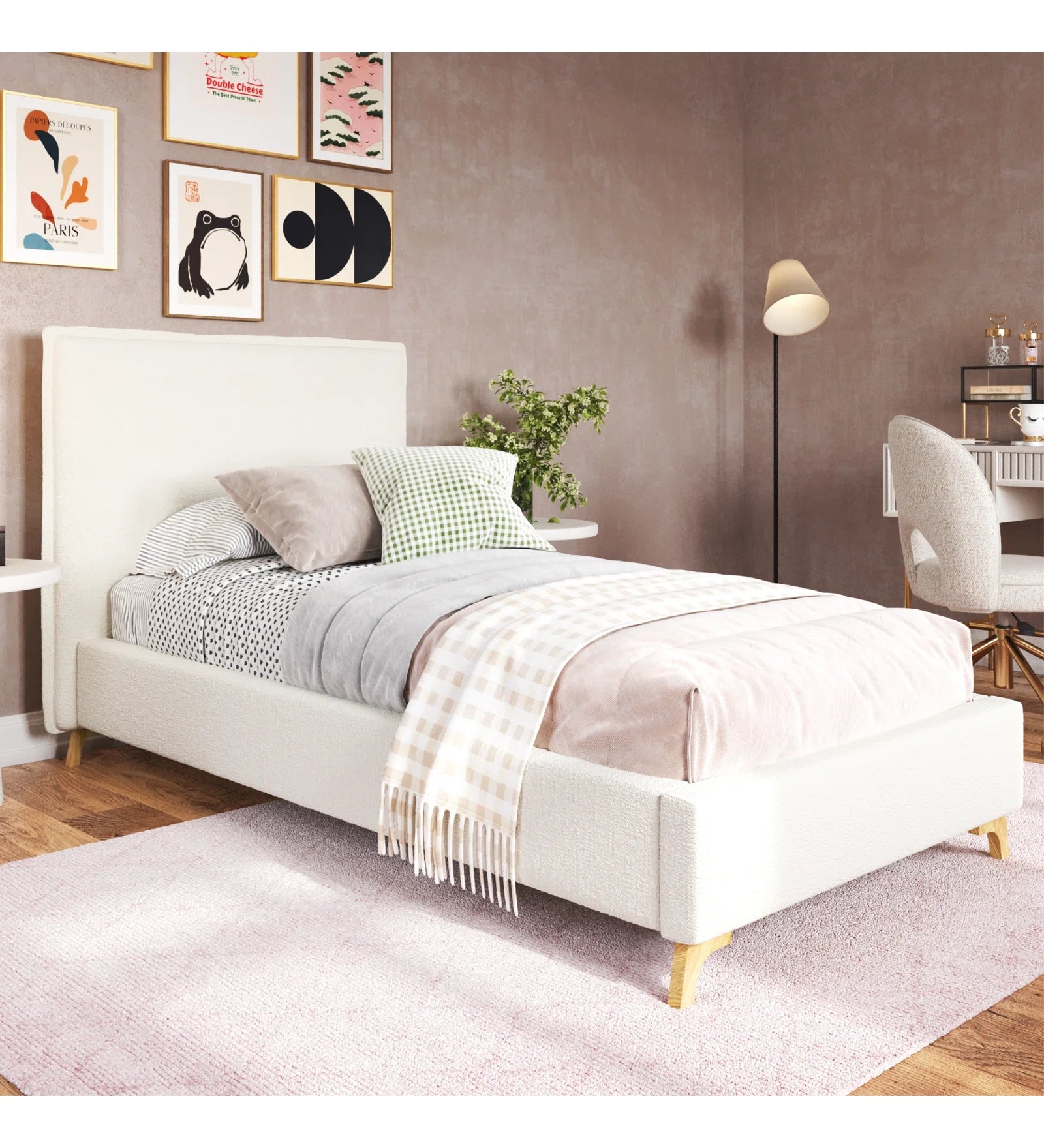 Jiva Boucle Fabric Upholstered Single Size Bed in Shell White Colour - Febonic Living