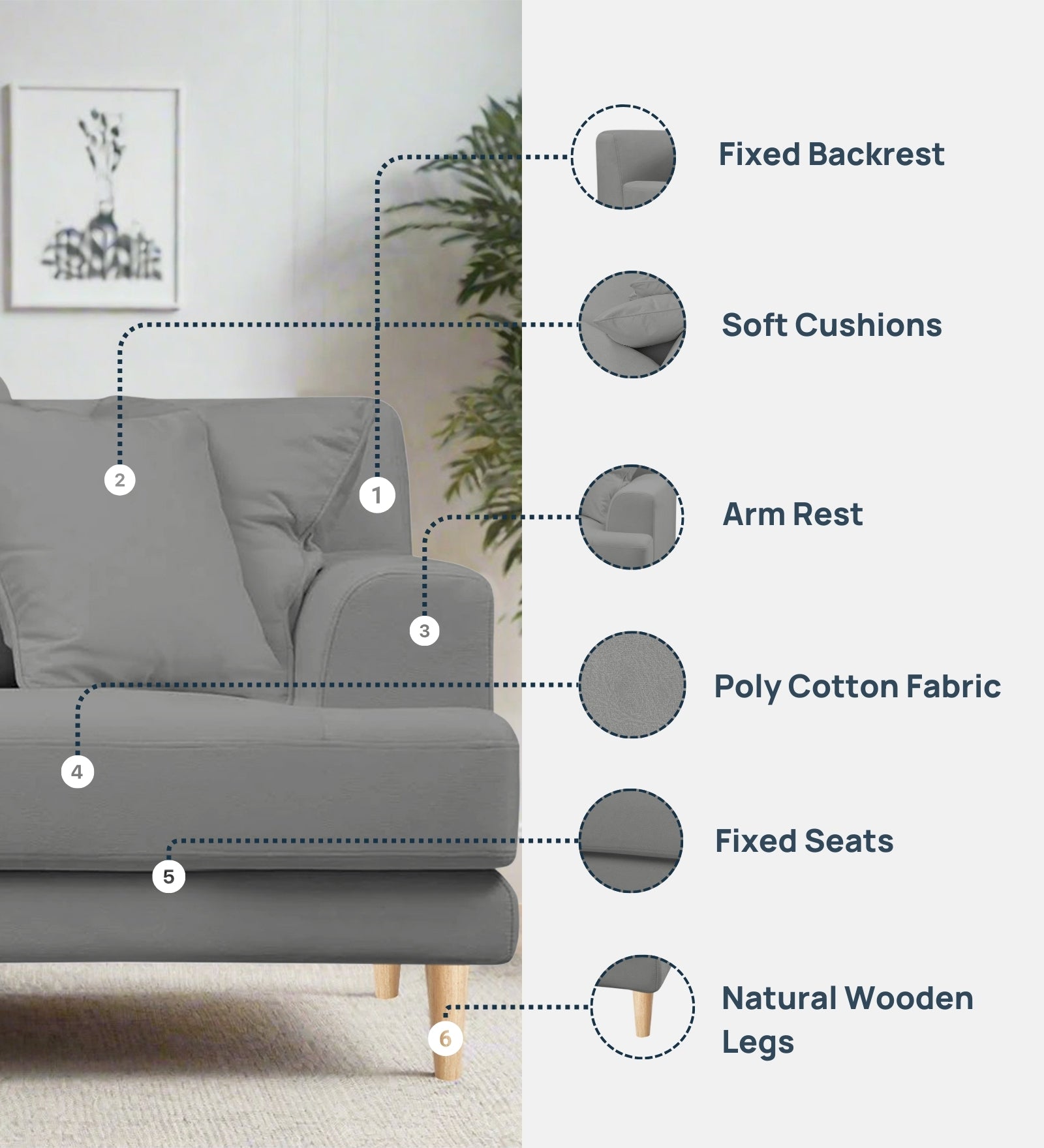 Woody Fabric 1 Seater Sofa in Dusky Grey Colour