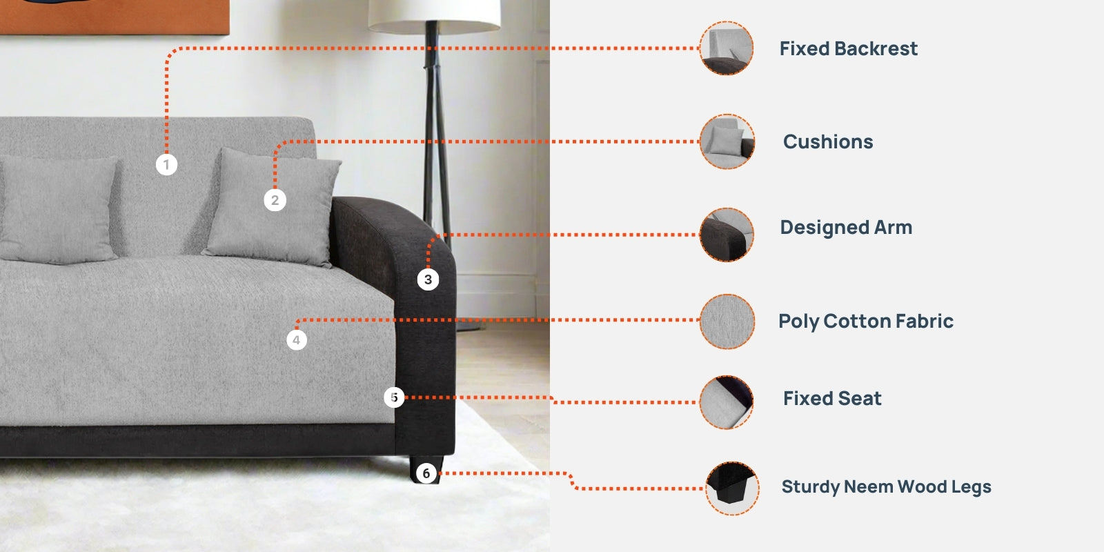 Alex Fabric 3 Seater Sofa In Ivory Cream Colour