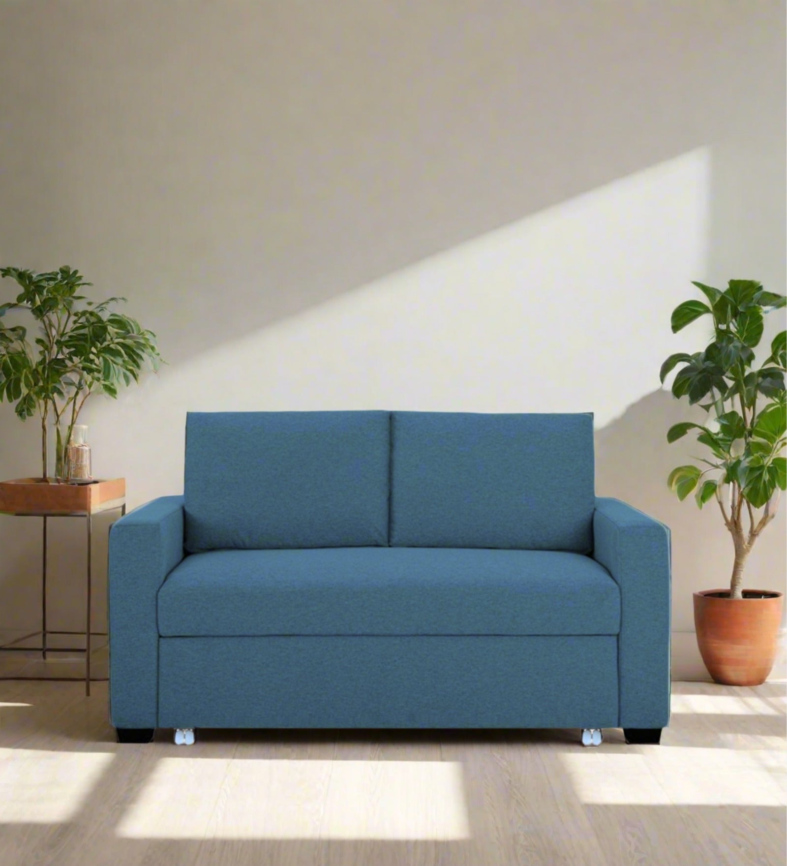 Lobby Fabric 2 Seater Pull Out Sofa Cum Bed In Light Blue Colour - Febonic Living