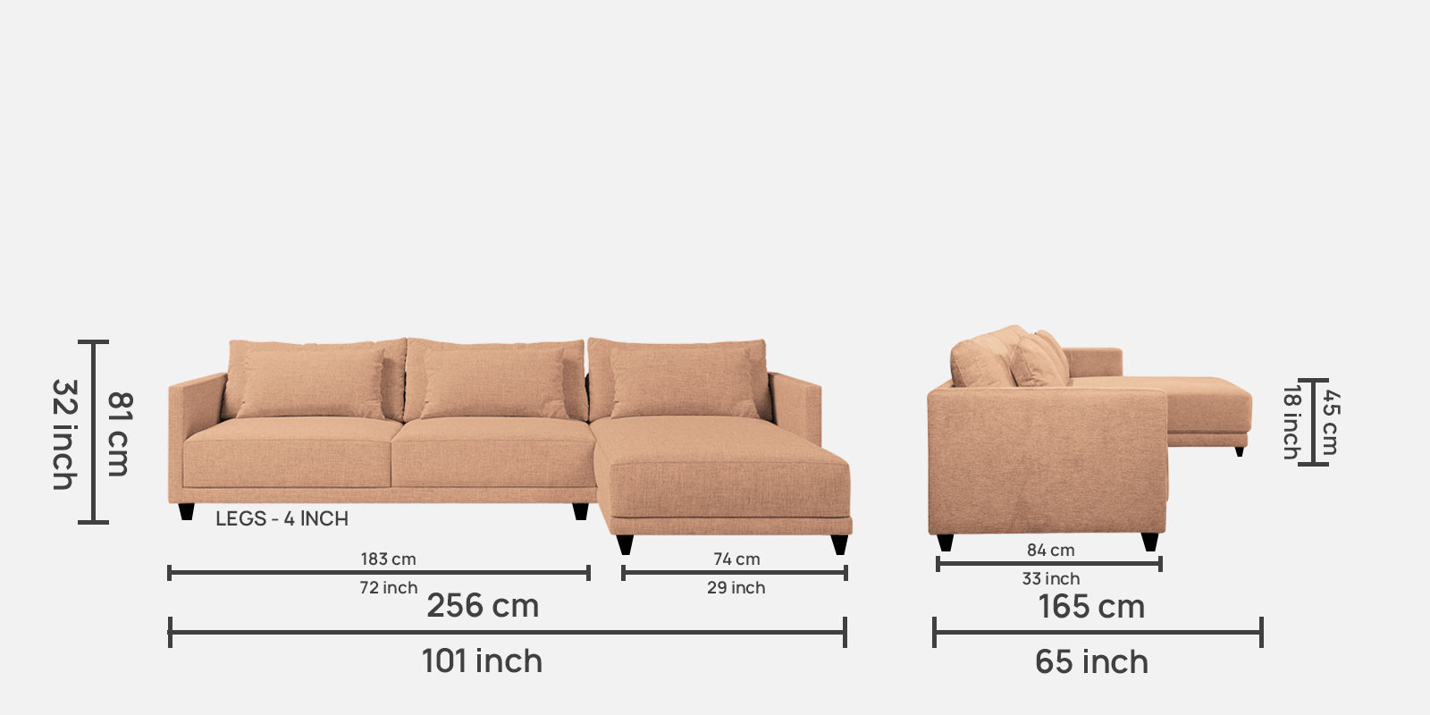 Kera Fabric LHS Sectional Sofa (3+Lounger) In Cosmic Beige Colour - Febonic Living