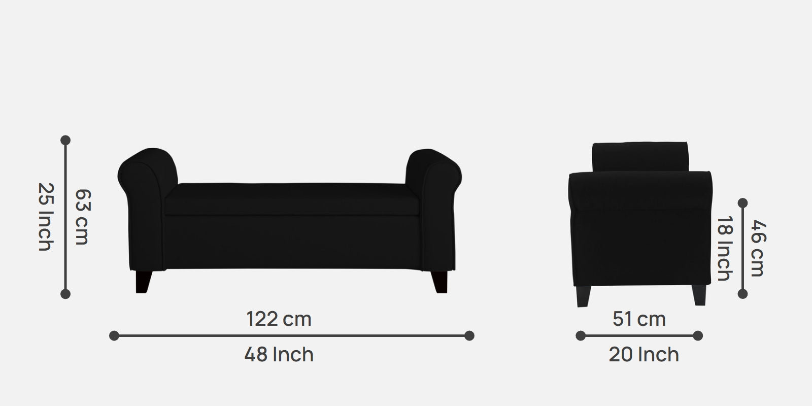 Molo Fabric 2 Seater Recamier In Zed Black Colour With Storage - Febonic Living