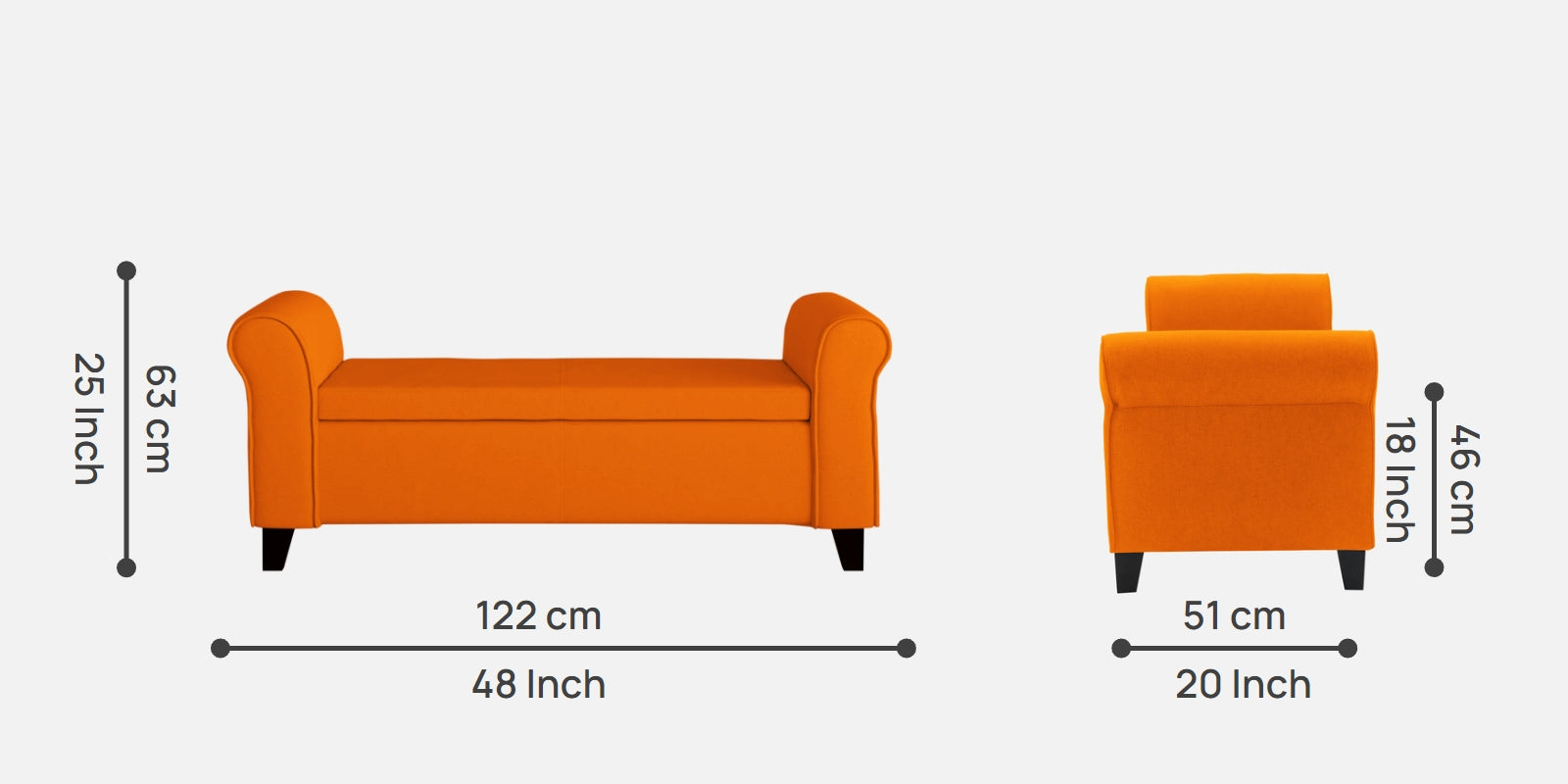 Molo Fabric 2 Seater Recamier in Vivid Orange Colour With Storage