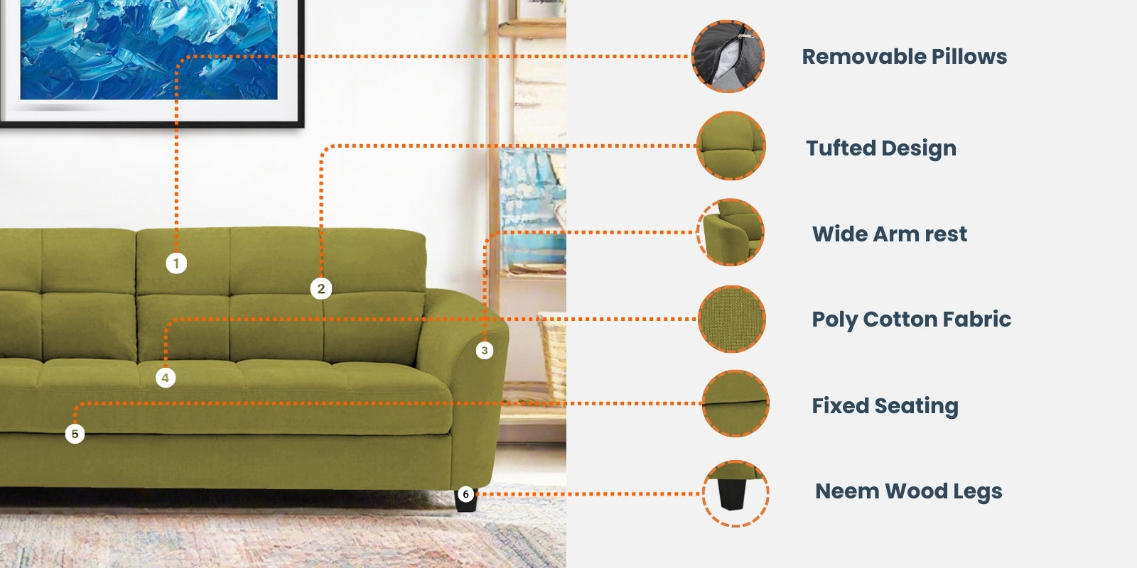 Mulan Fabric 3 Seater Sofa In Stone Grey Colour - Febonic Living