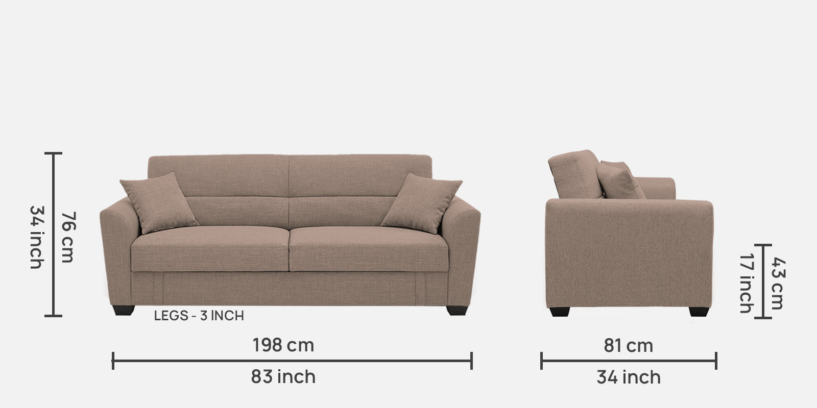 Bony Fabric 3 Seater Convertible Sofa Cum Bed In Mush Beige Colour - Febonic Living