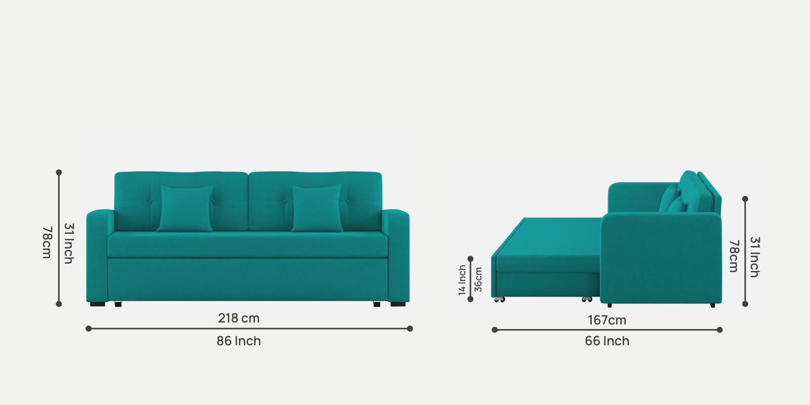 Rocky Fabric 3 Seater Pull Out Sofa Cum Bed In Sea Green Colour With Storage - Febonic Living