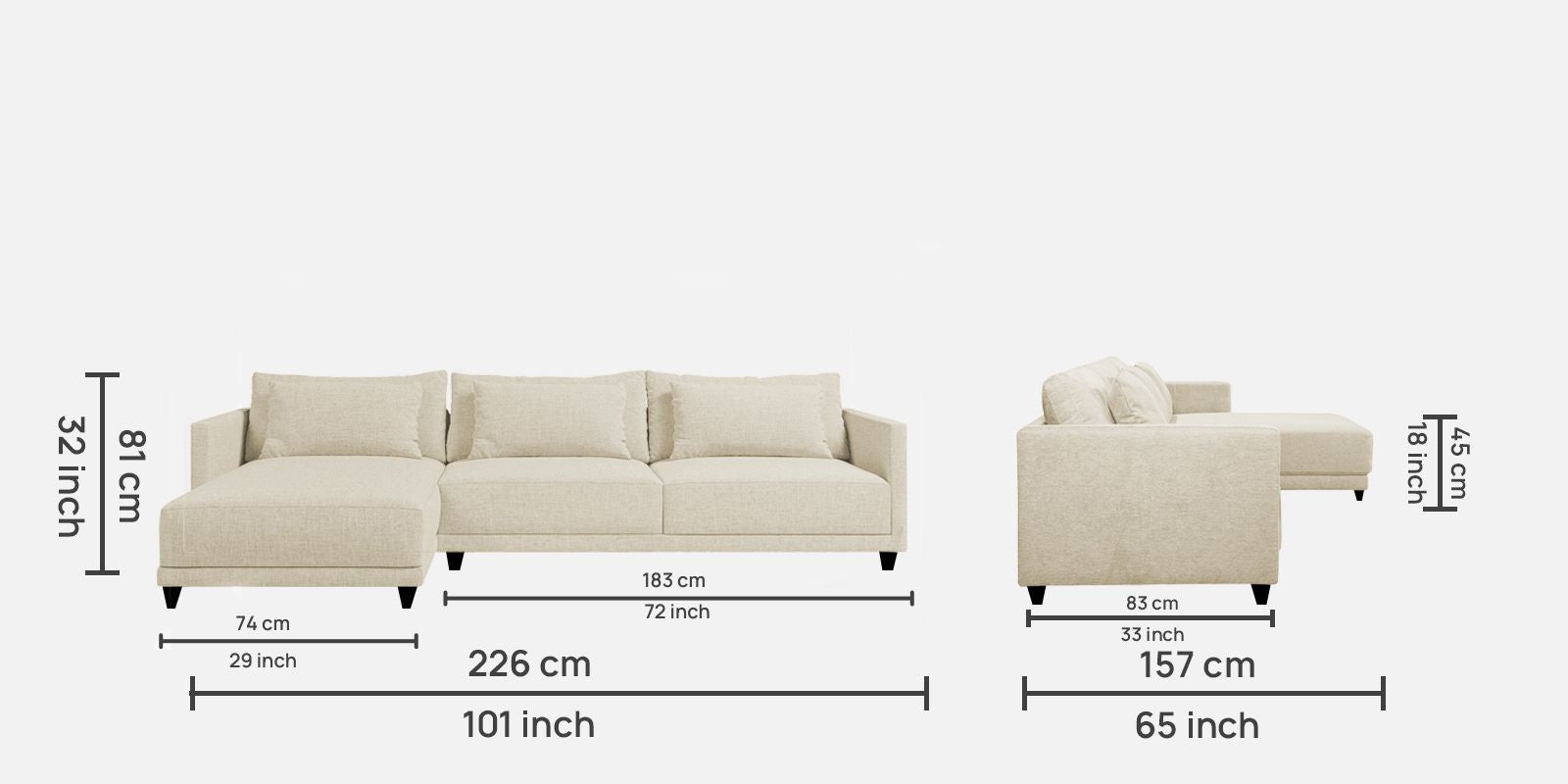 Kera Fabric RHS Sectional Sofa (3+Lounger) In Ivory Cream Colour - Febonic Living