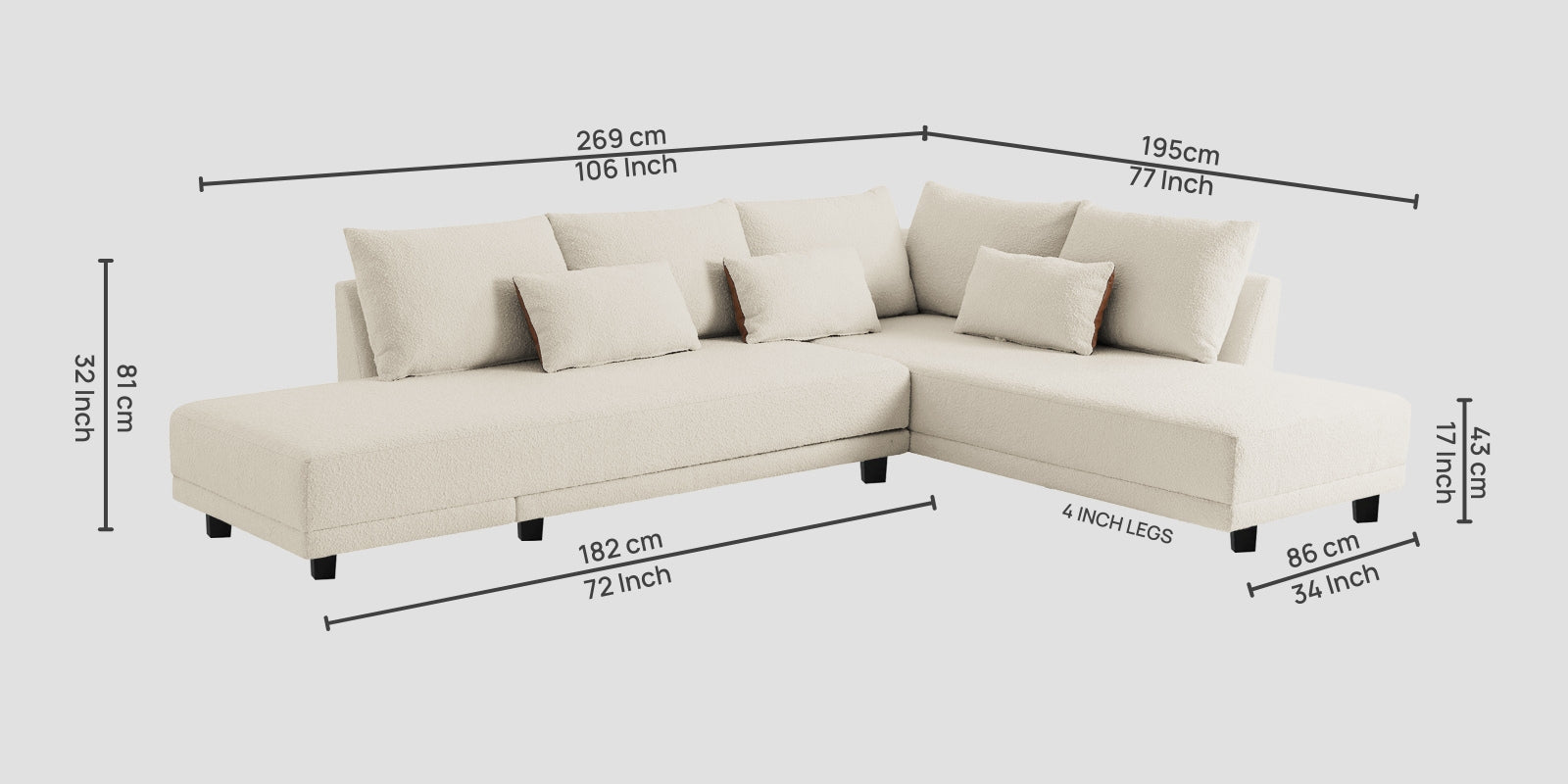 Ira Boucle Fabric LHS 6 Seater Convertible Sofa Cum Bed In Shell White Colour - Febonic Living