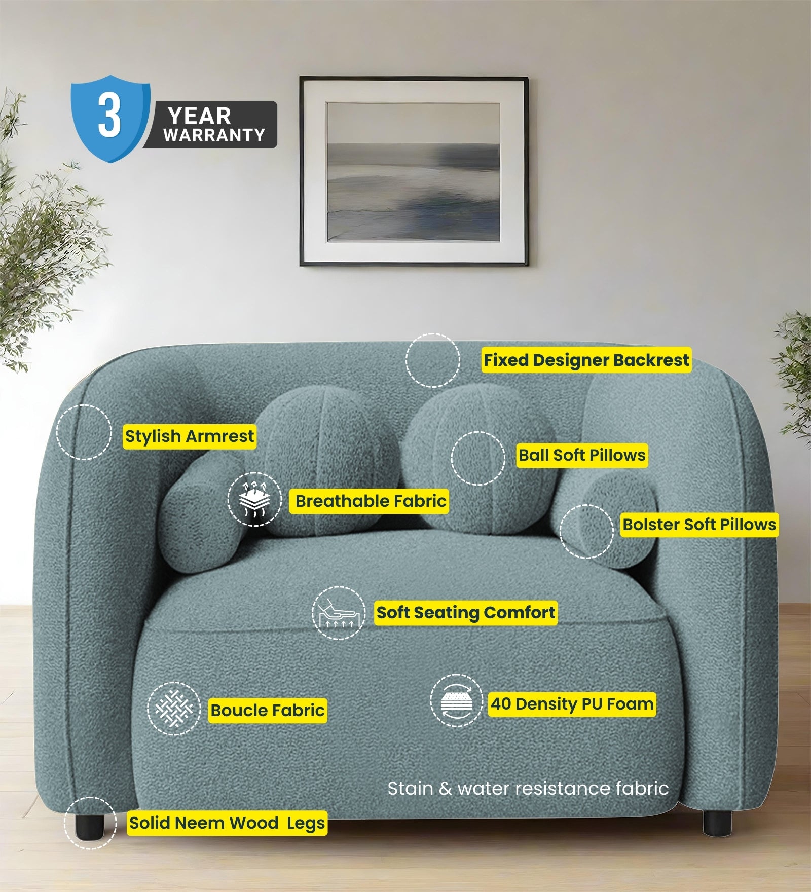 Corny Boucle Fabric 1 Seater Sofa In Macy Grey Colour - Febonic Living