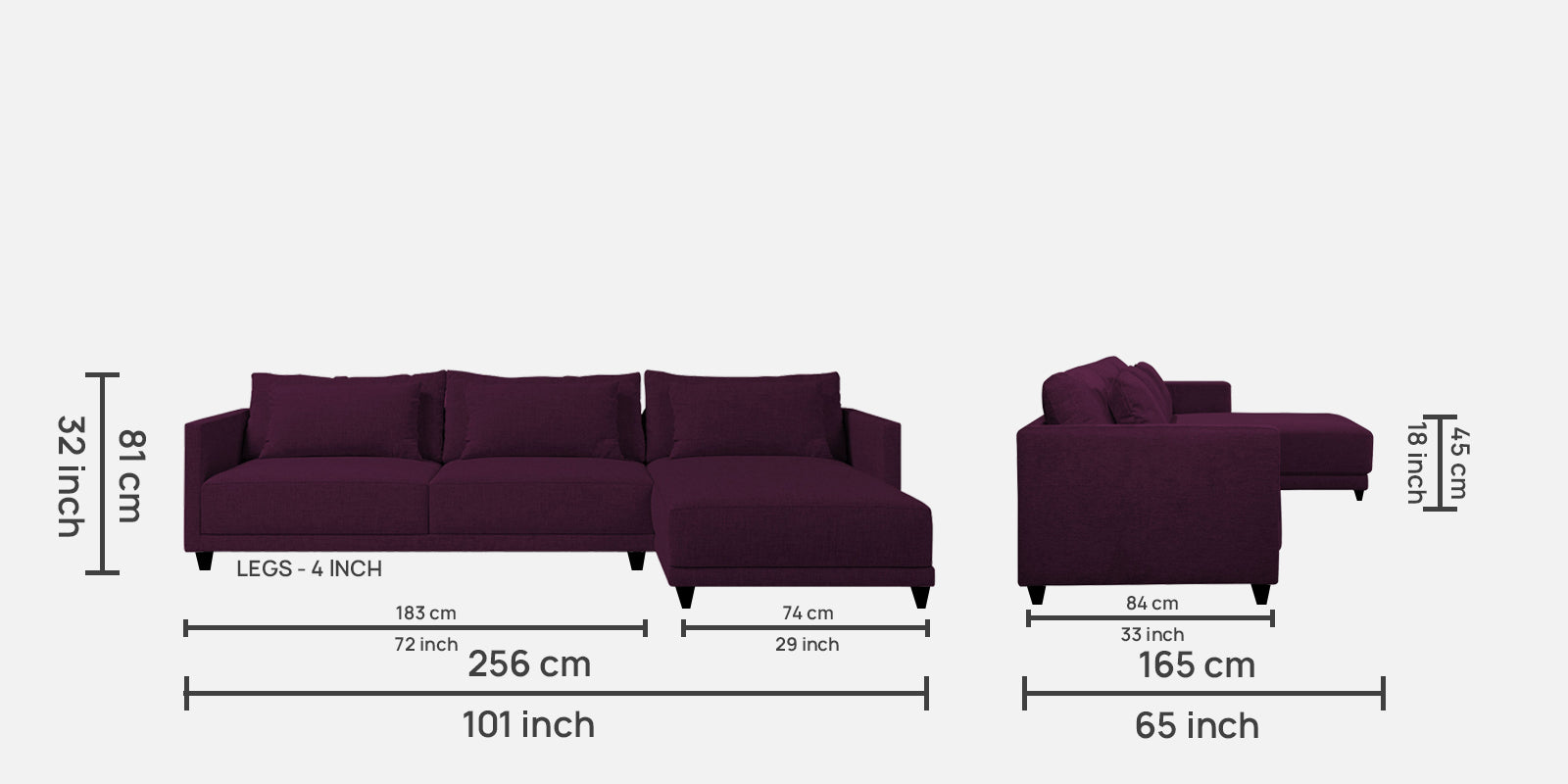 Kera Fabric LHS Sectional Sofa (3+Lounger) In Greek Purple Colour - Febonic Living
