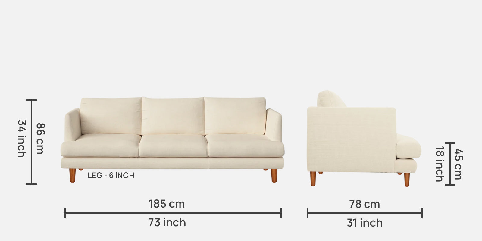 Sokun Fabric 3 Seater Sofa in Ivory Cream Colour