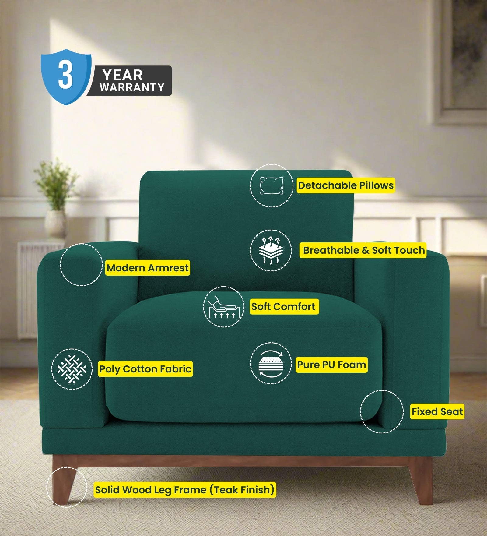 Esha Fabric 1 Seater Sofa In Kelly Green Colour - Febonic Living