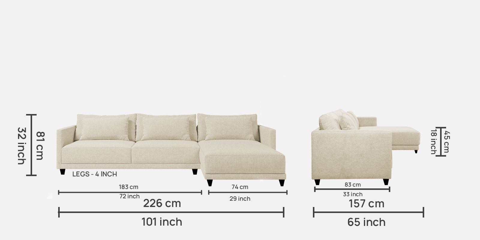 Kera Fabric LHS Sectional Sofa (3+Lounger) In Ivory Cream Colour - Febonic Living