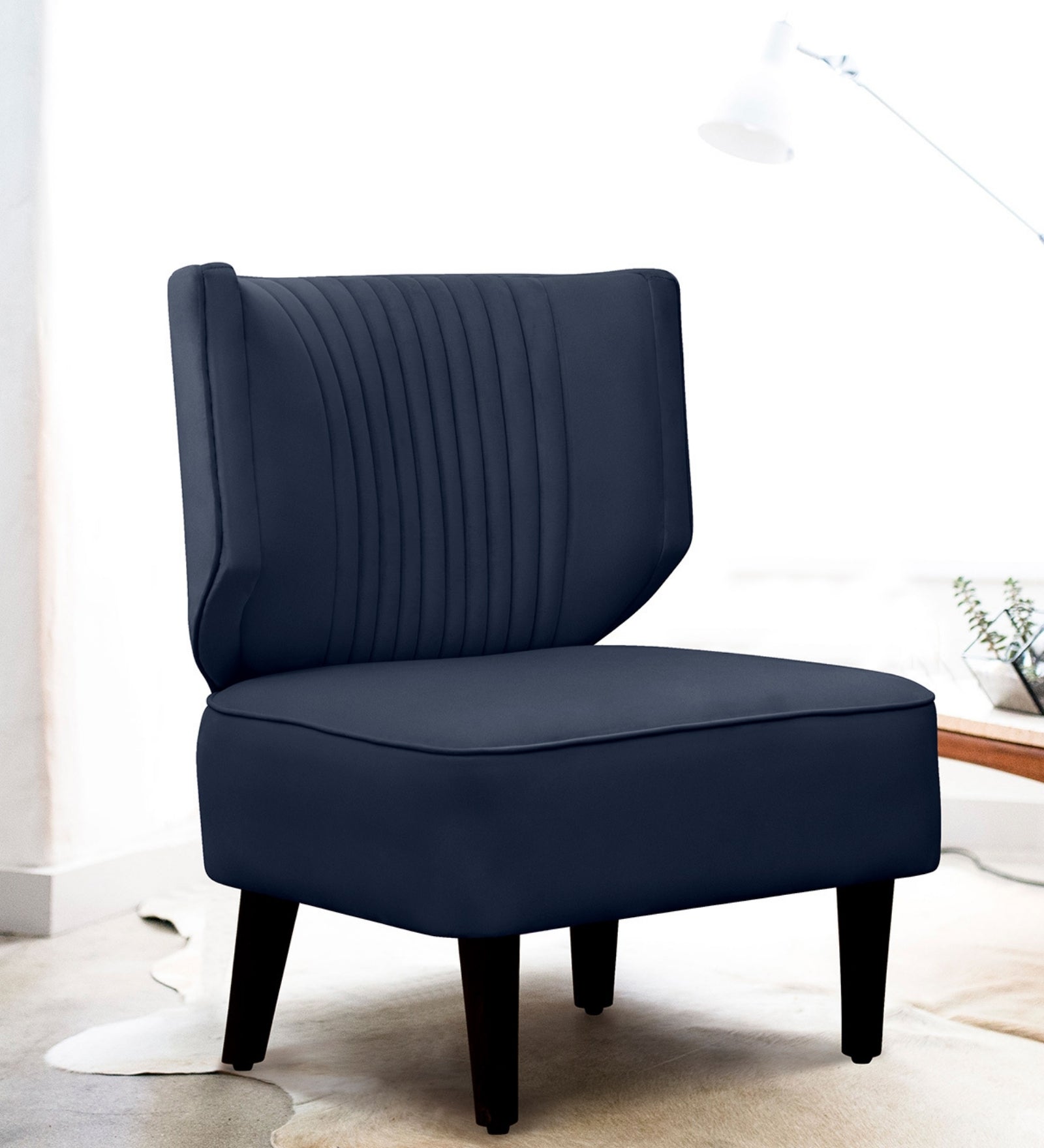 Robby Velvet Slipper Chair in Dark Blue Colour - Febonic Living