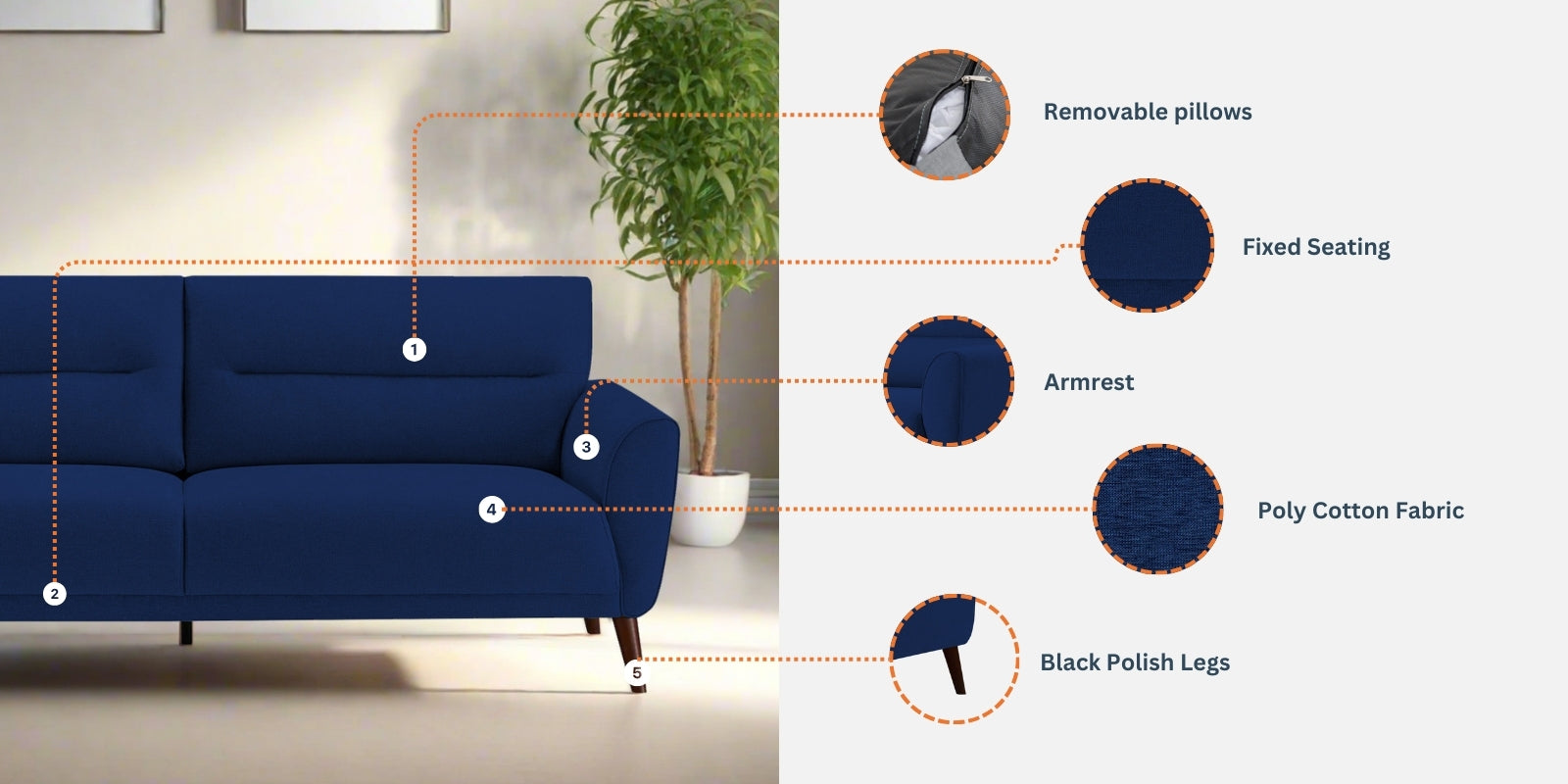 Castro Fabric 3 Seater Sofa In Royal Blue Colour - Febonic Living