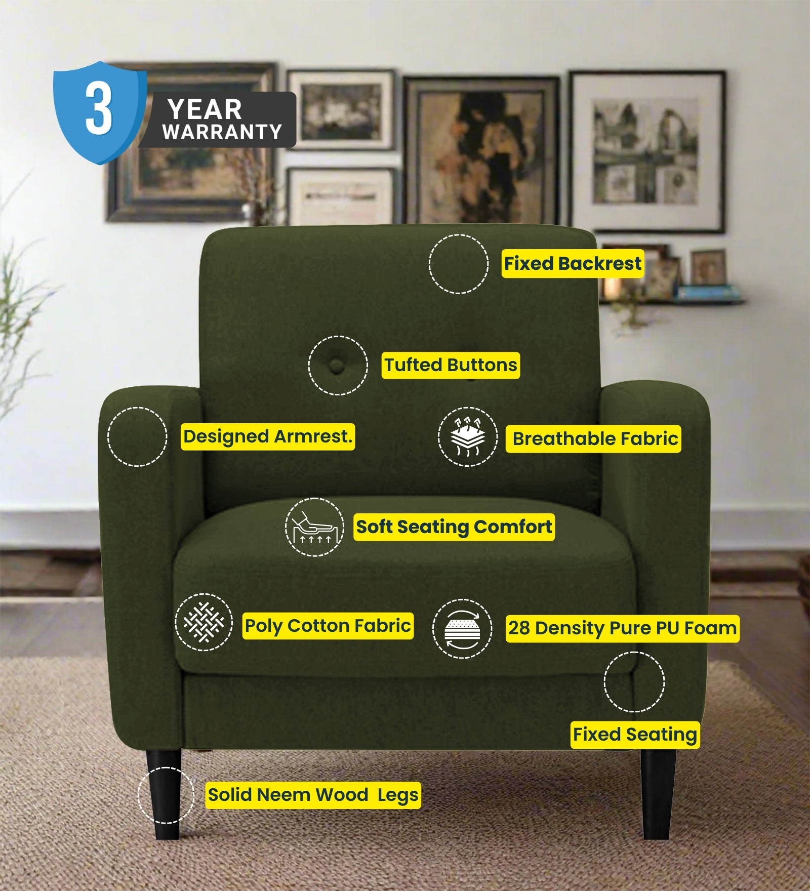Marq Fabric 1 Seater Sofa in Coffee Brown Colour