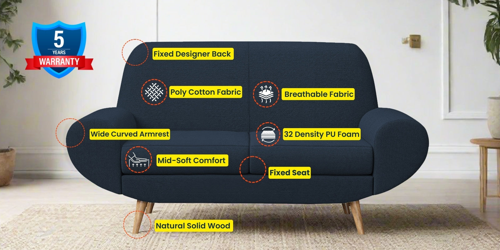 Jessy Fabric 2 Seater Sofa In Denim Blue Colour - Febonic Living