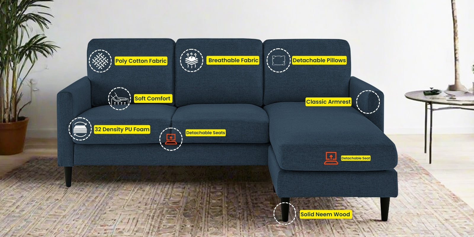 Romie Fabric LHS Sectional Sofa (2+Lounger) In Light Blue Colour - Febonic Living