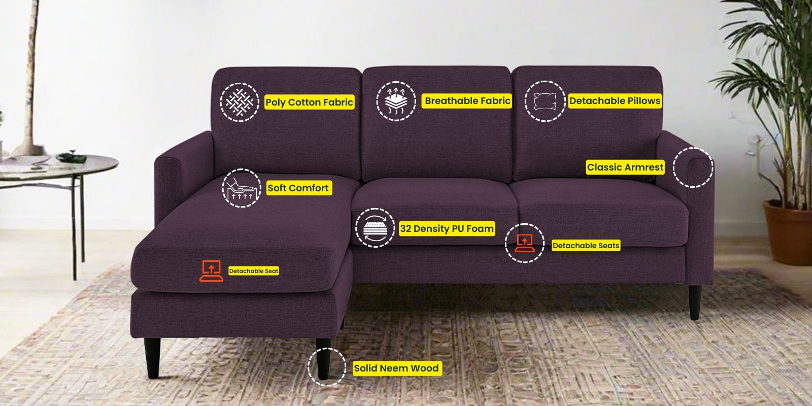 Romie Fabric RHS Sectional Sofa (2+Lounger) In Greek Purple Colour - Febonic Living