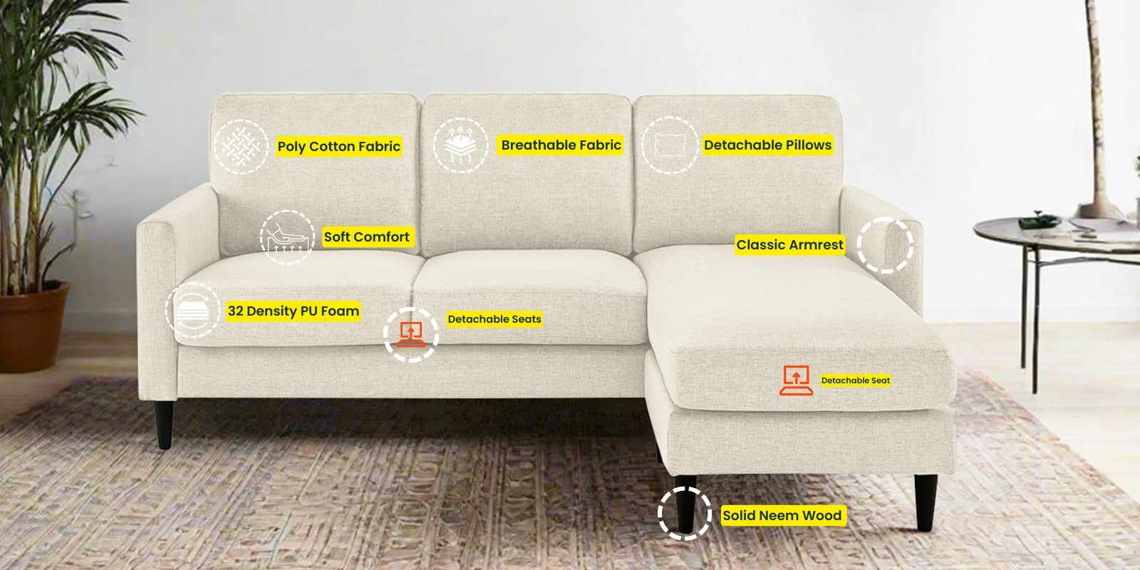 Romie Fabric LHS Sectional Sofa (2+Lounger) In Ivory Cream Colour - Febonic Living