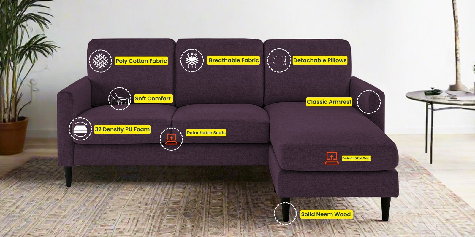 Romie Fabric LHS Sectional Sofa (2+Lounger) In Greek Purple Colour - Febonic Living