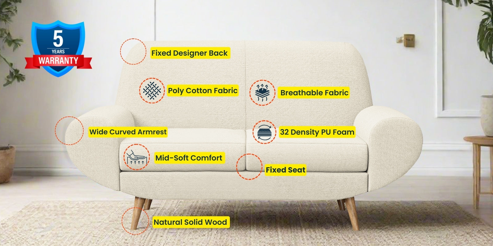 Jessy Fabric 2 Seater Sofa In Ivory Cream Colour - Febonic Living