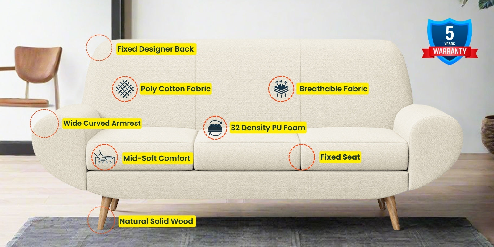 Jessy Fabric 3 Seater Sofa In Ivory Cream Colour - Febonic Living