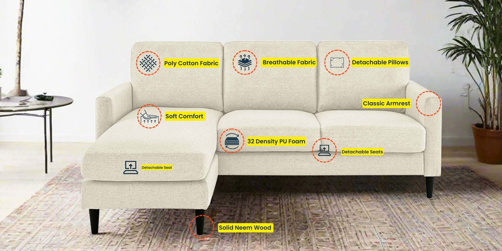 Romie Fabric RHS Sectional Sofa (2+Lounger) In Ivory Cream Colour - Febonic Living