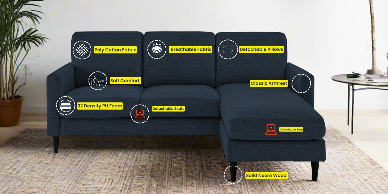 Romie Fabric LHS Sectional Sofa (2+Lounger) In Denim Blue Colour - Febonic Living