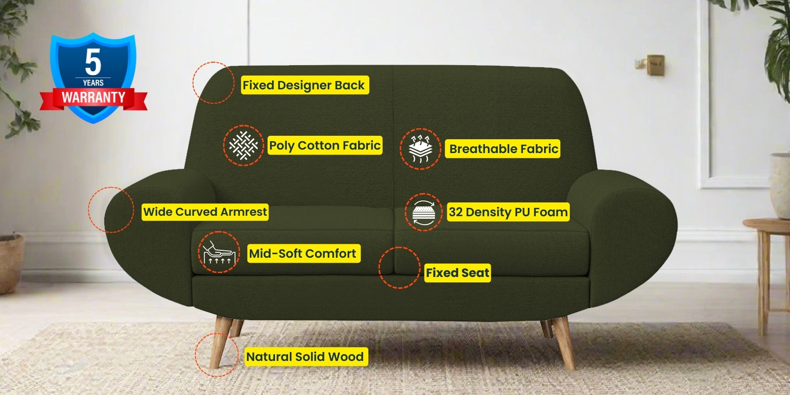 Jessy Fabric 2 Seater Sofa In Olive Green Colour - Febonic Living