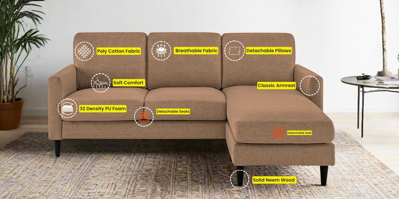 Romie Fabric LHS Sectional Sofa (2+Lounger) In Cosmic Beige Colour - Febonic Living