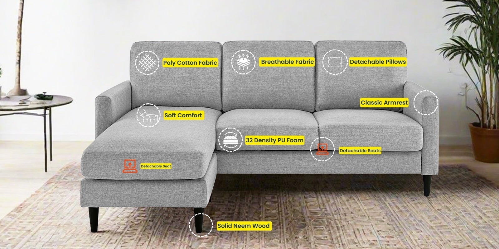 Romie Fabric RHS Sectional Sofa (2+Lounger) In Lit Grey Colour - Febonic Living