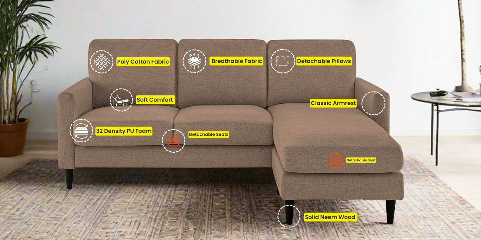 Romie Fabric LHS Sectional Sofa (2+Lounger) In Cookie Beige Colour - Febonic Living