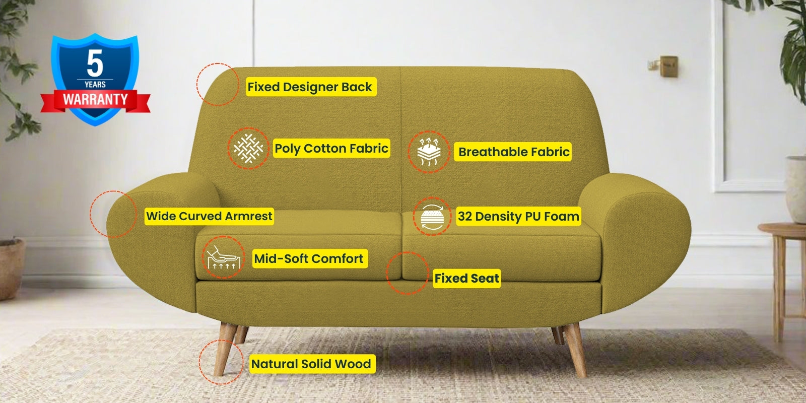 Jessy Fabric 2 Seater Sofa In Parrot Green Colour - Febonic Living