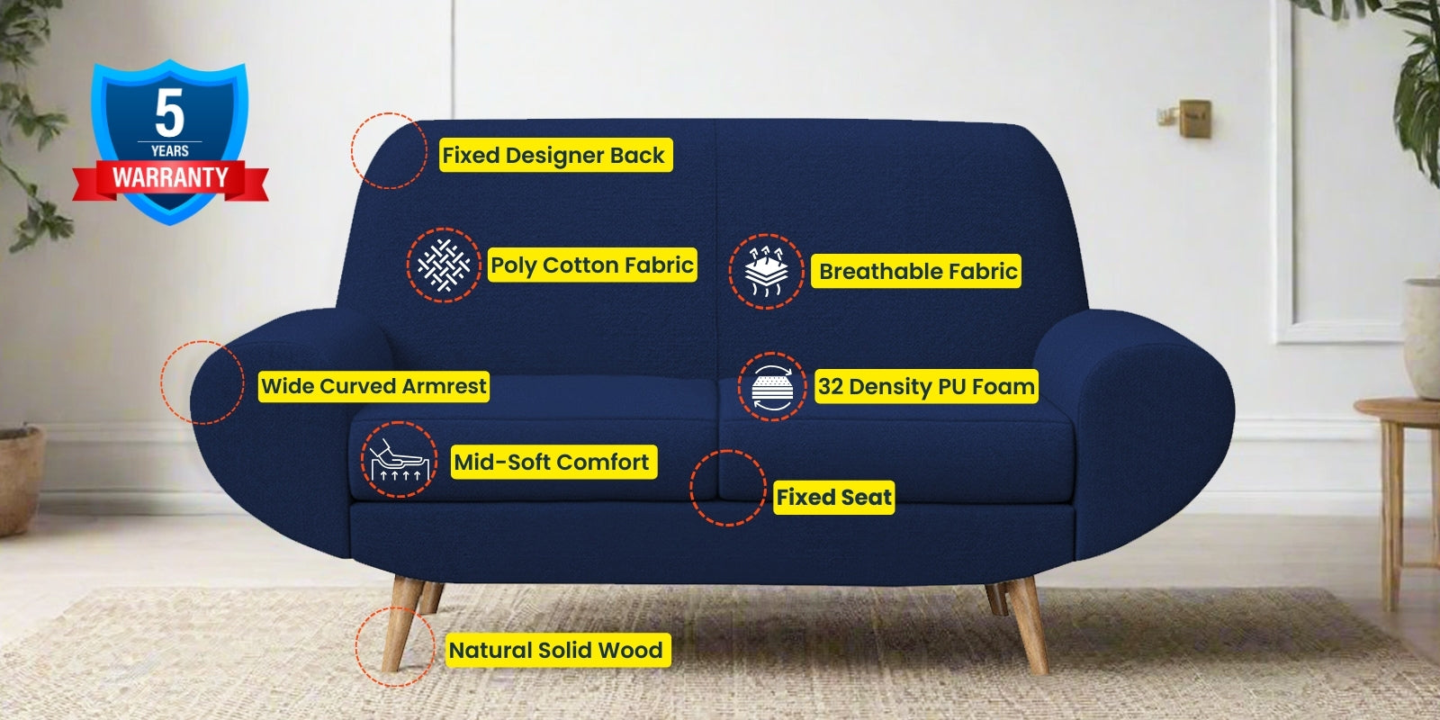 Jessy Fabric 2 Seater Sofa In Royal Blue Colour - Febonic Living