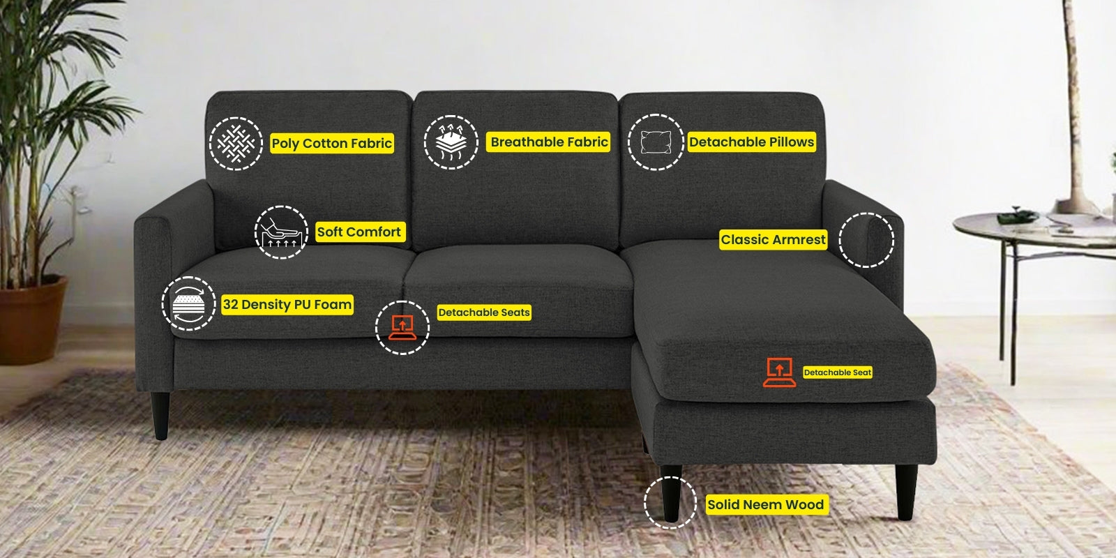 Romie Fabric LHS Sectional Sofa (2+Lounger) In Charcoal Grey Colour - Febonic Living