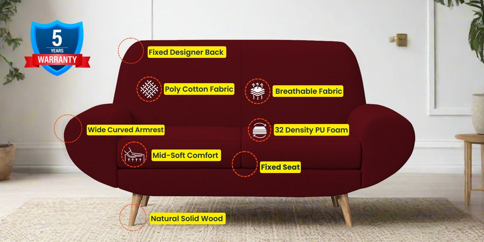 Jessy Fabric 2 Seater Sofa In Ruby Red Colour - Febonic Living