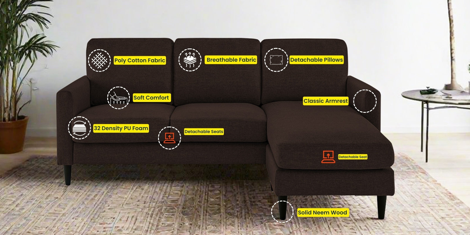 Romie Fabric LHS Sectional Sofa (2+Lounger) In Coffee Brown Colour - Febonic Living