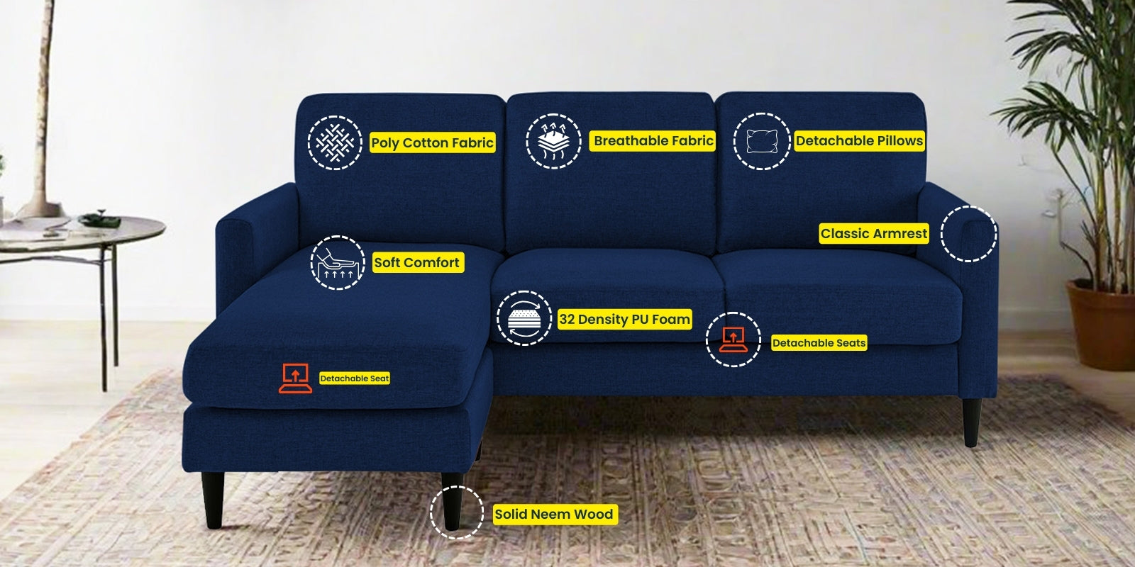Romie Fabric RHS Sectional Sofa (2+Lounger) In Royal Blue Colour - Febonic Living