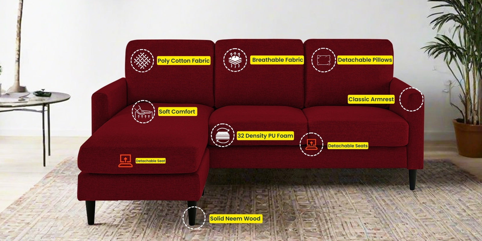 Romie Fabric RHS Sectional Sofa (2+Lounger) In Ruby Red Colour - Febonic Living