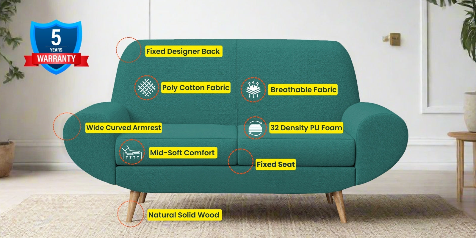 Jessy Fabric 2 Seater Sofa In Sea Green Colour - Febonic Living