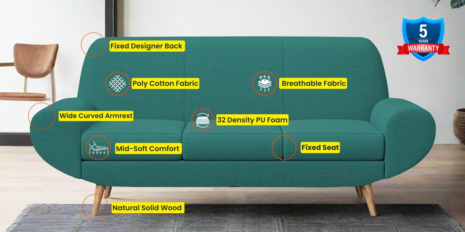 Jessy Fabric 3 Seater Sofa In Sea Green Colour - Febonic Living