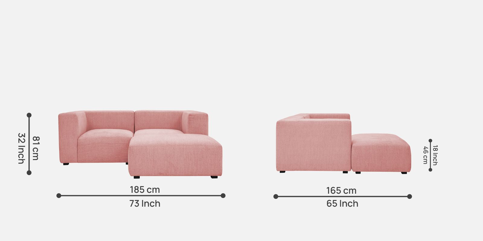 Dora Velvet LHS Sectional Sofa (2+Ottoman Lounger) In Millennial Pink Colour - Febonic Living
