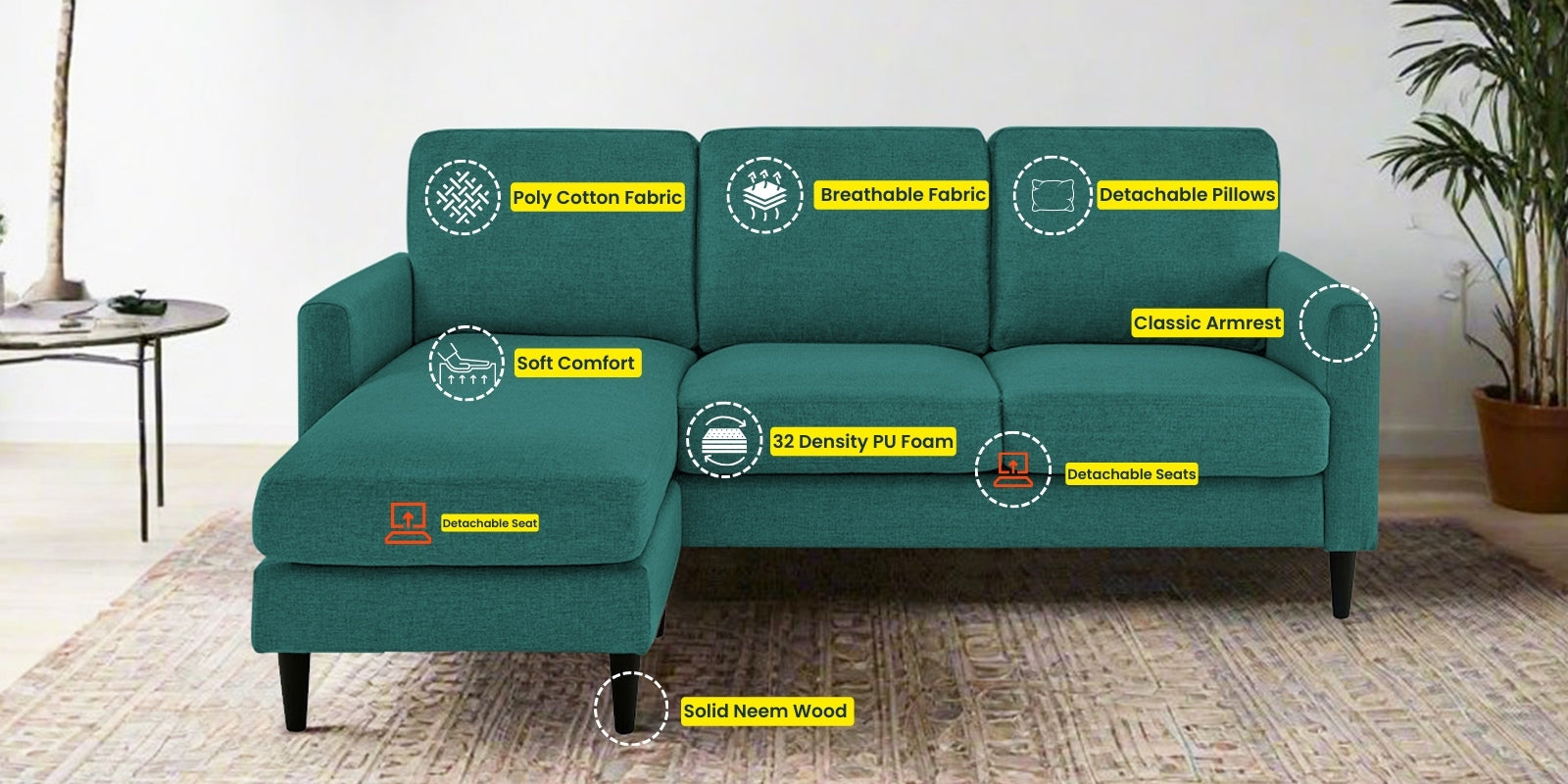 Romie Fabric RHS Sectional Sofa (2+Lounger) In Sea Green Colour - Febonic Living