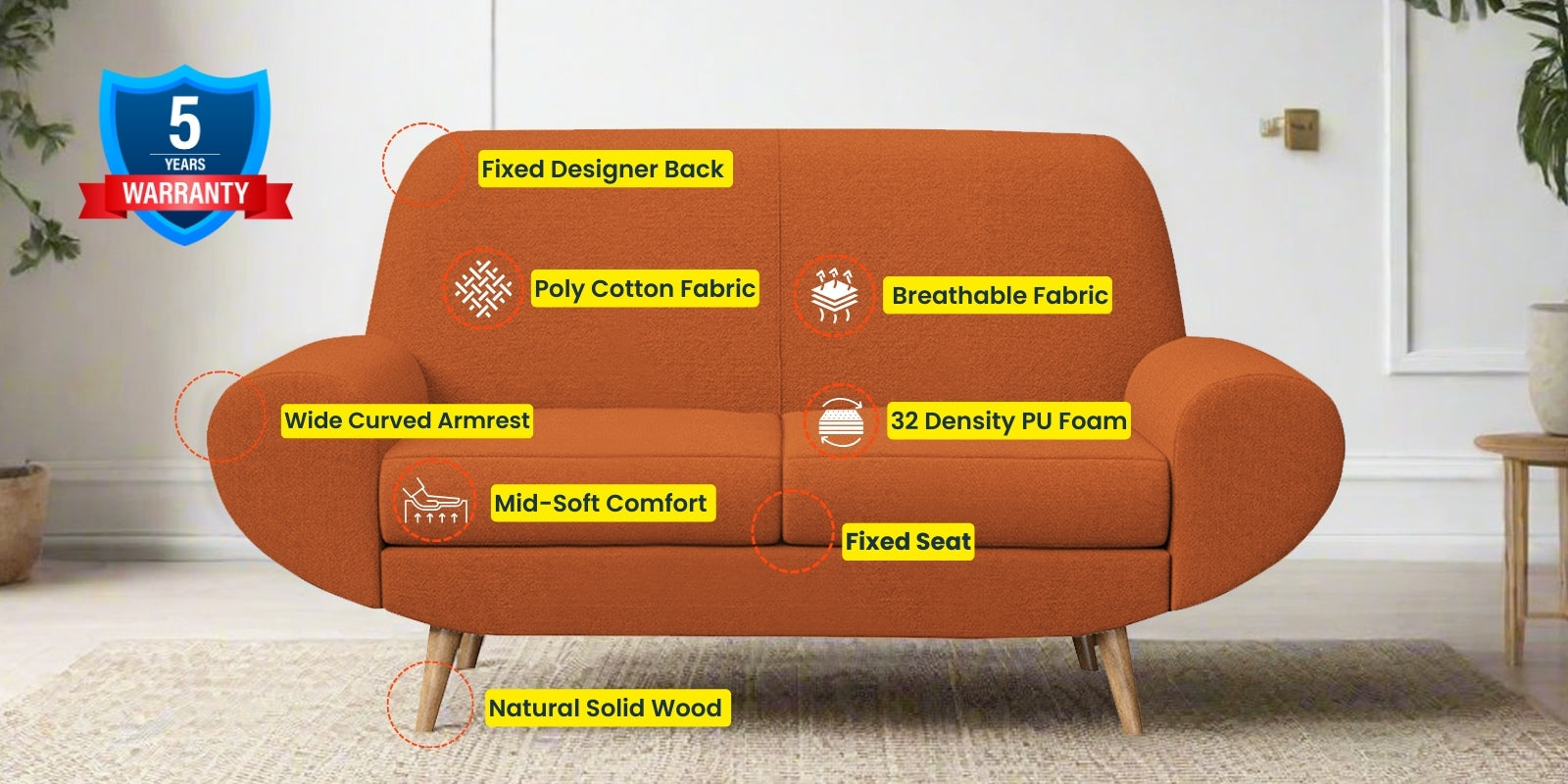 Jessy Fabric 2 Seater Sofa In Vivid Orange Colour - Febonic Living