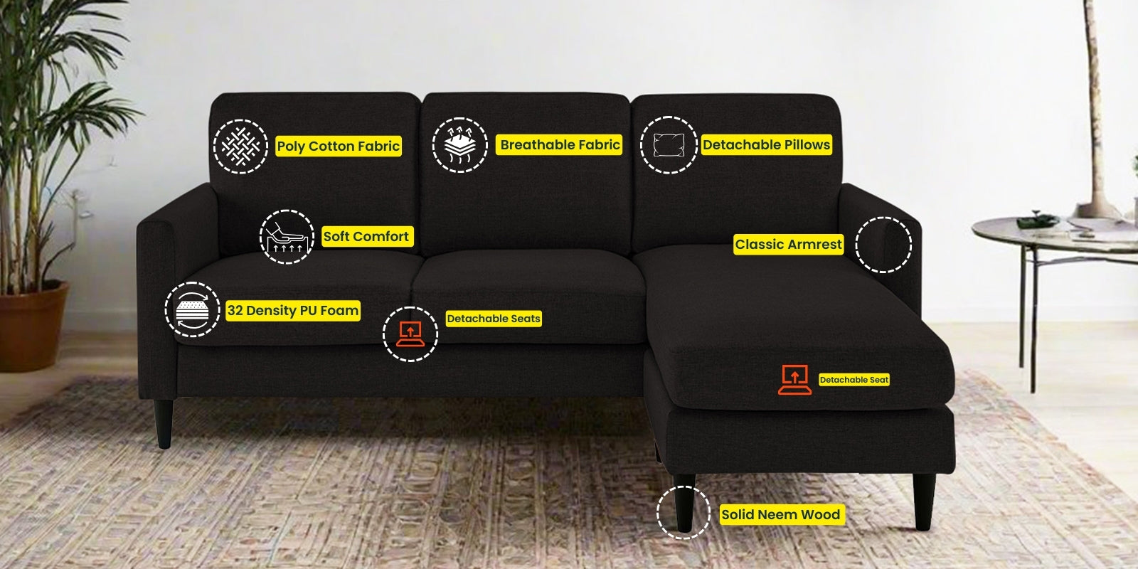 Romie Fabric LHS Sectional Sofa (2+Lounger) In Cara Brown Colour - Febonic Living