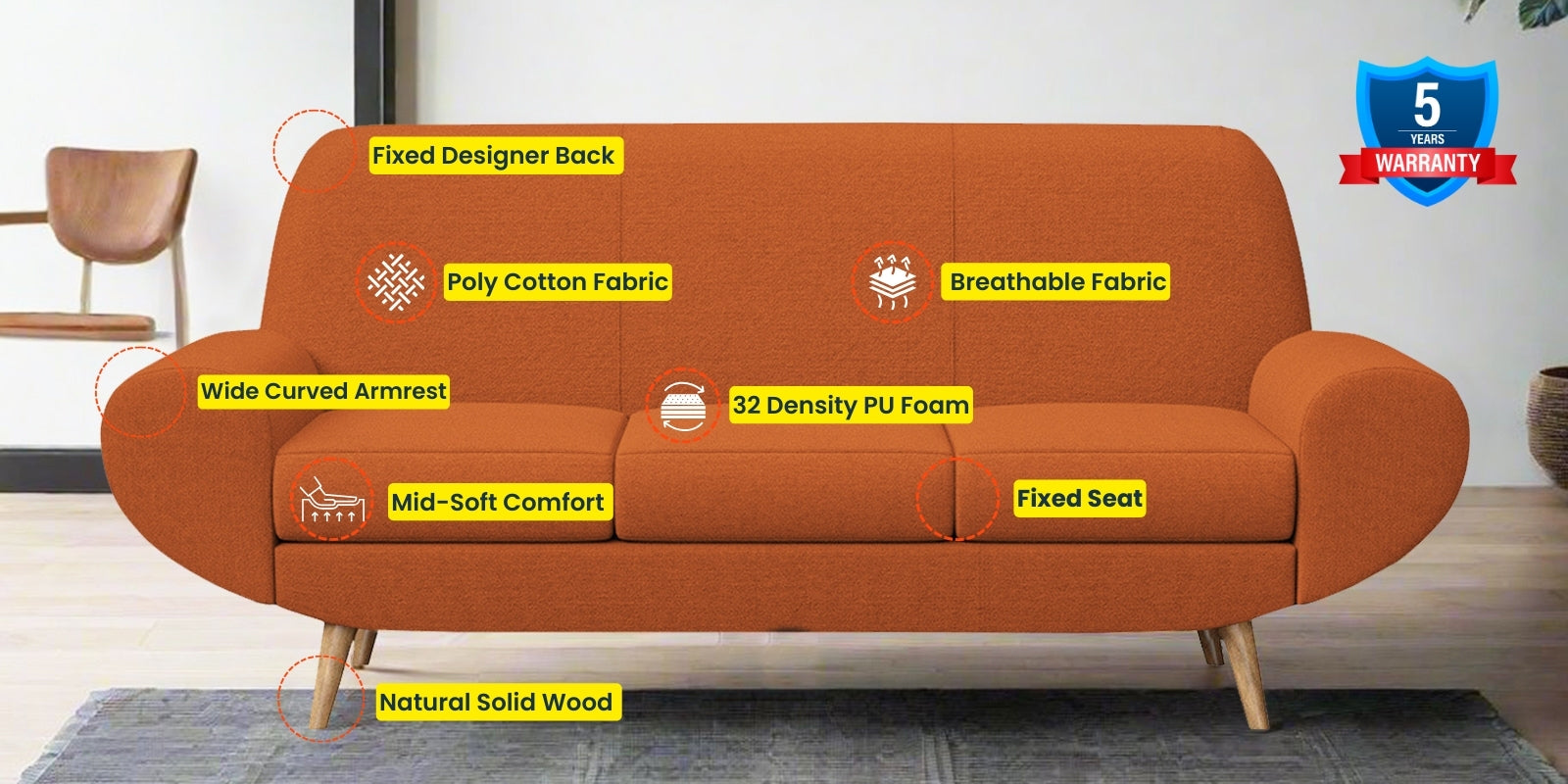 Jessy Fabric 3 Seater Sofa In Vivid Orange Colour - Febonic Living