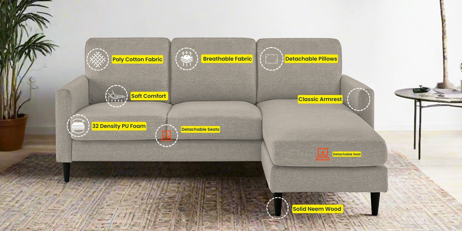 Romie Fabric LHS Sectional Sofa (2+Lounger) In Ash Grtey Colour - Febonic Living